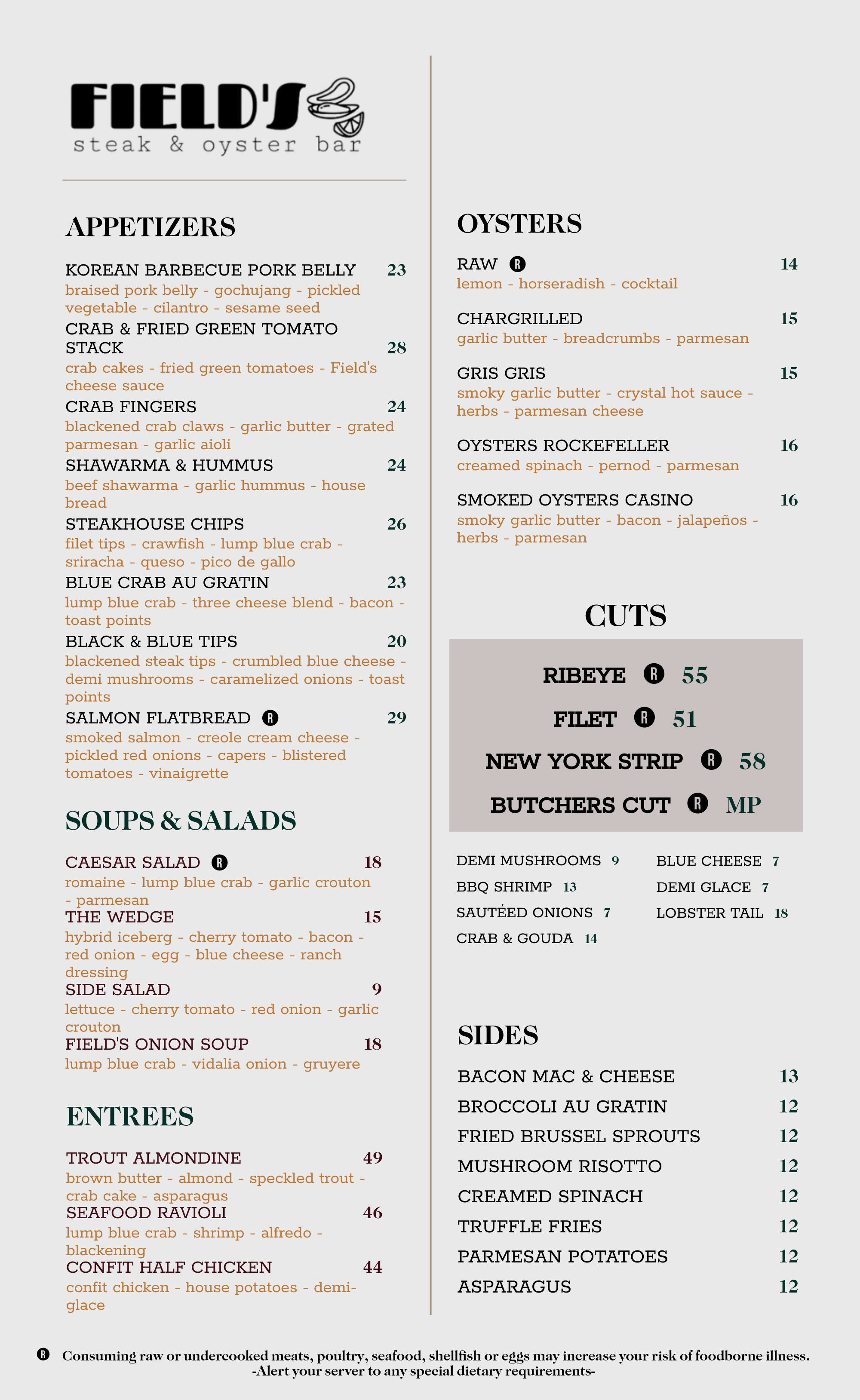 Dinner Menu Field's Steak & Oyster Bar